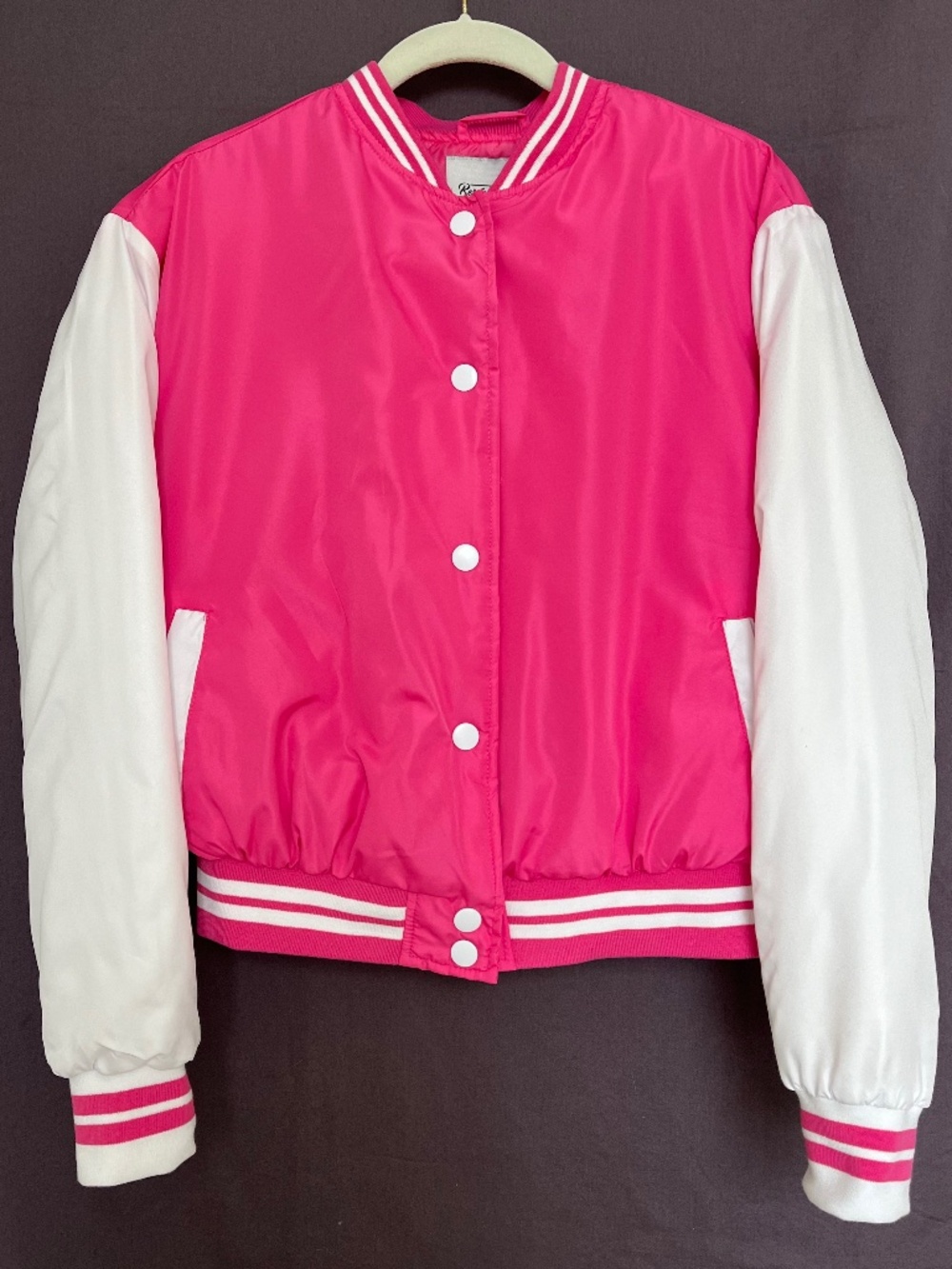 NWOT Reserve Fairfax Varsity Jacket Women's M Pink White Snap Button Bomber
